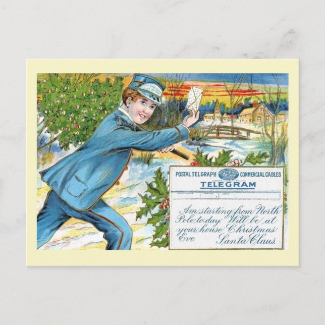 Mailman Delivering Santa's Telegram Holiday Postcard (Front)