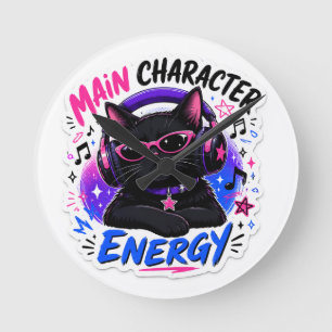 Main Character Energy Black Cat Music Lover Watch Round Clock