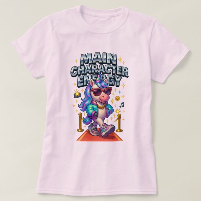 Main Character Energy Glam Unicorn Red Carpet T-Shirt (Design Front)