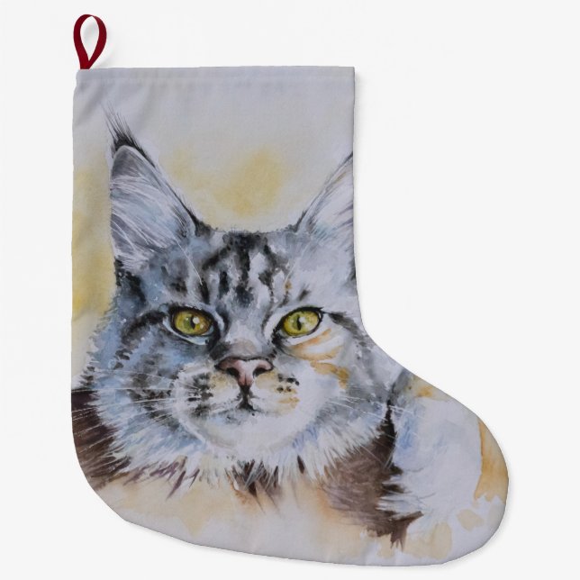 Main Coon Watercolor Christmas Stocking (Front)