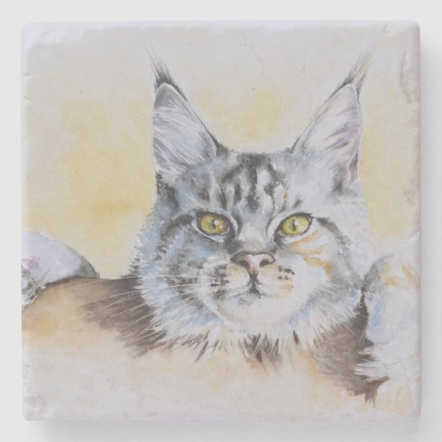 Main Coon Watercolor Stone Coaster (Front)