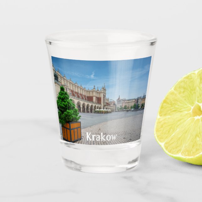 Main square in Krakow old town, Poland Shot Glass (Front)