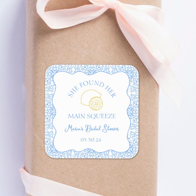 Main Squeeze Bridal Shower Lemon Blue Favour Square Sticker (Custom 'She Found Her Main Squeeze' stickers, perfect for adding a fun touch to bridal shower favors)