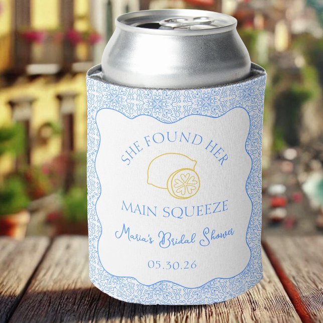 Main Squeeze Bridal Shower Lemon Blue Tile Can Cooler (Chic can cooler with a lemon theme—perfect for celebrating the bride-to-be! Customizable text.)