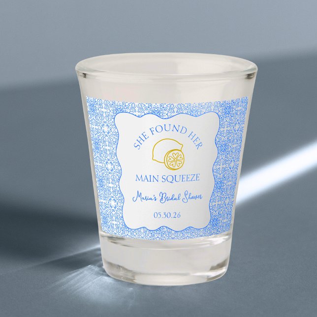 Main Squeeze Bridal Shower Lemon Blue Tile Shot Glass (Lemon-themed shot glass favors with 'She Found Her Main Squeeze' design, perfect for bridal showers!)