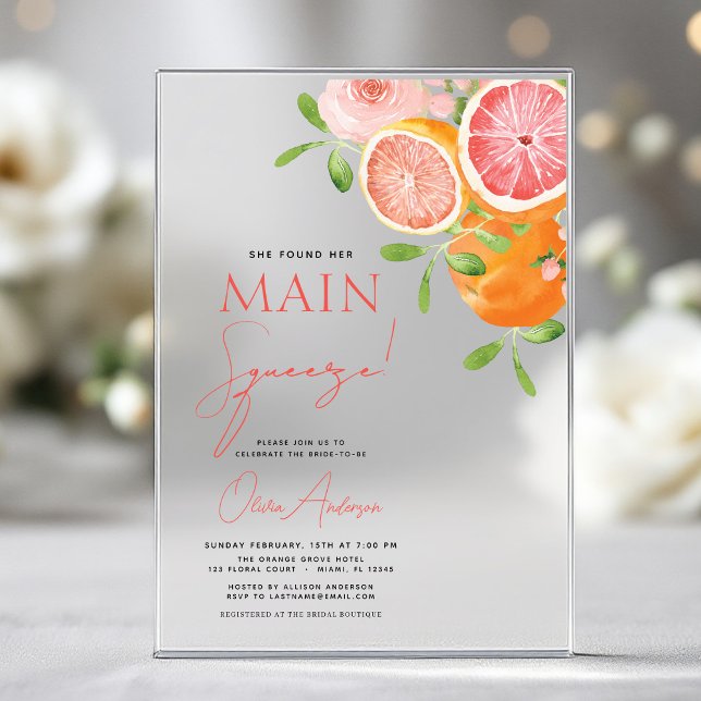 Main Squeeze Citrus Bridal Shower Orange Acrylic Invitations (Creator Uploaded)
