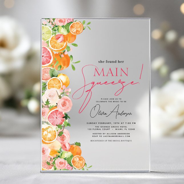 Main Squeeze Citrus Bridal Shower Orange Acrylic Invitations (Creator Uploaded)