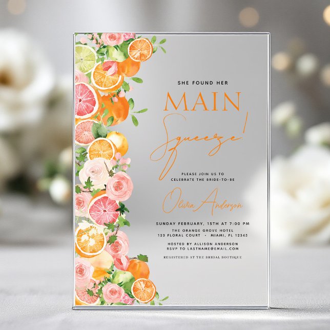 Main Squeeze Citrus Bridal Shower Orange Acrylic Invitations (Creator Uploaded)