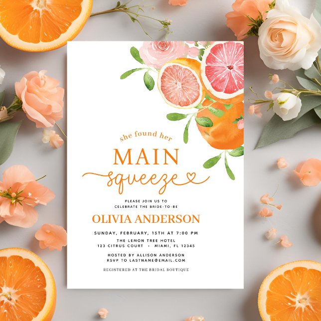 Main Squeeze Citrus Bridal Shower Orange Pink Invitation (Creator Uploaded)