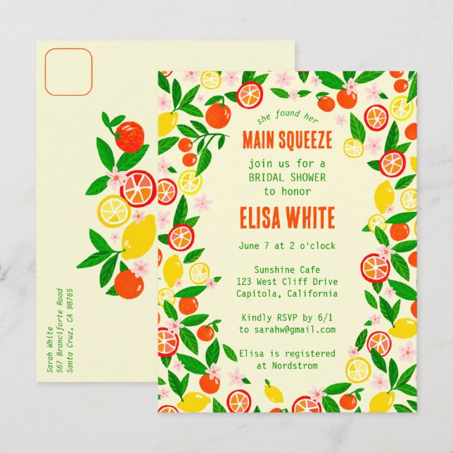 MAIN SQUEEZE Citrus CUSTOM Summer BRIDAL SHOWER Invitation Postcard (Front/Back)
