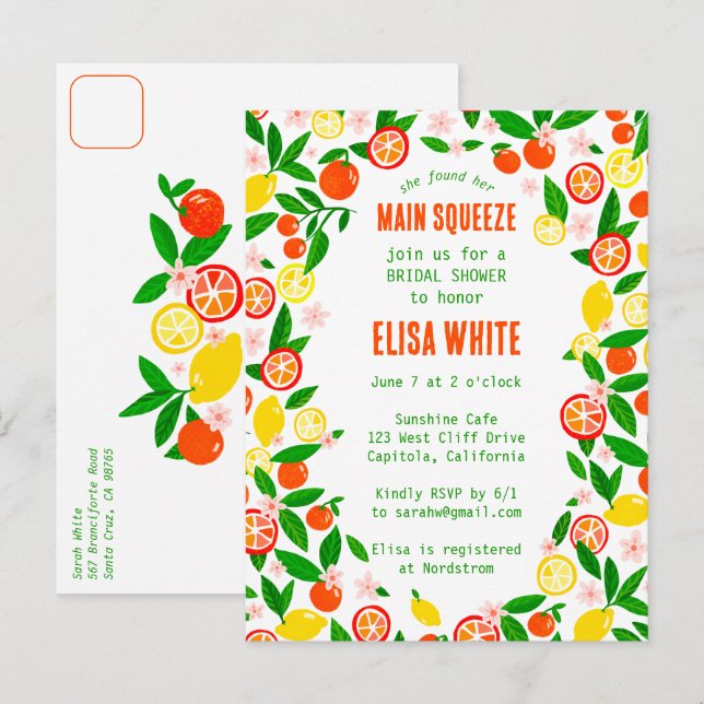 MAIN SQUEEZE Citrus CUSTOM Summer BRIDAL SHOWER Invitation Postcard (Front/Back)