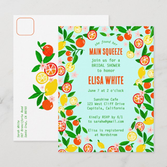 MAIN SQUEEZE Citrus CUSTOM Summer BRIDAL SHOWER Invitation Postcard (Front/Back)