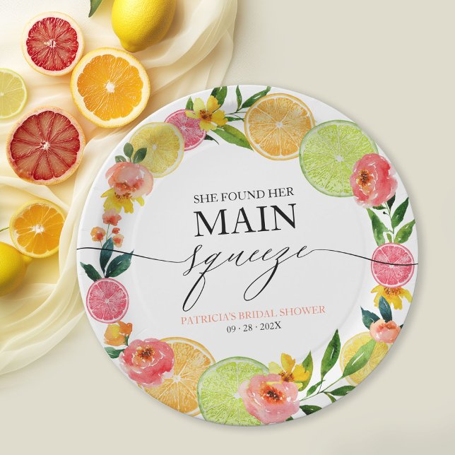 Main Squeeze Citrus Floral Bridal Shower  Paper Plate (Creator Uploaded)
