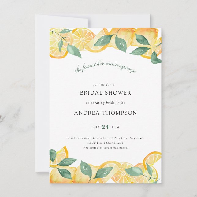 Main Squeeze | Citrus | Lemon Bridal Shower  Invitation (Front)