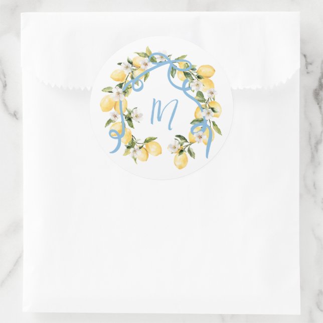 Main Squeeze Citrus Lemon Monogram Bridal Shower Classic Round Sticker (Bag)