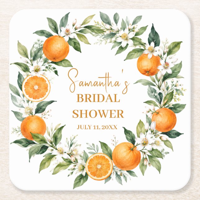 Main Squeeze Citrus Orange Bridal Shower Square Paper Coaster (Front)