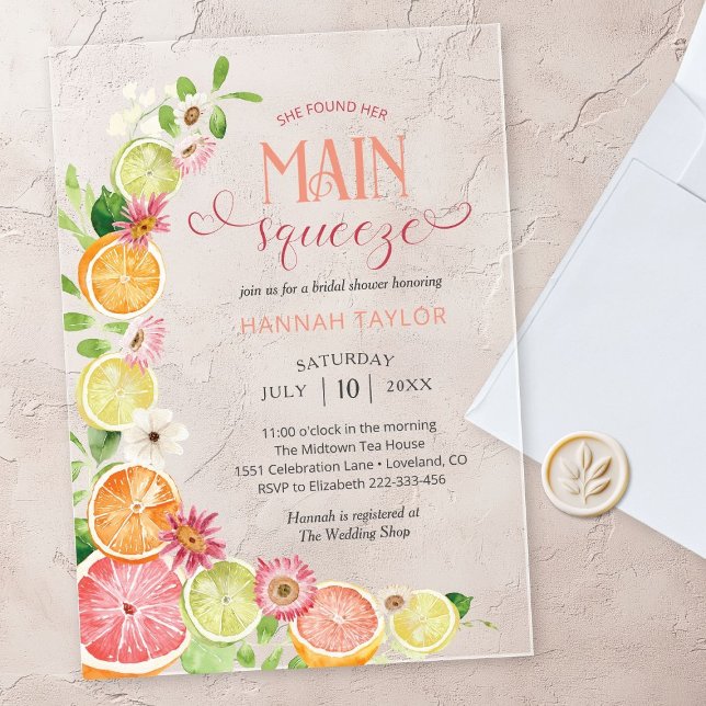 Main Squeeze Citrus Summer Bridal Shower Acrylic Invitations (Creator Uploaded)