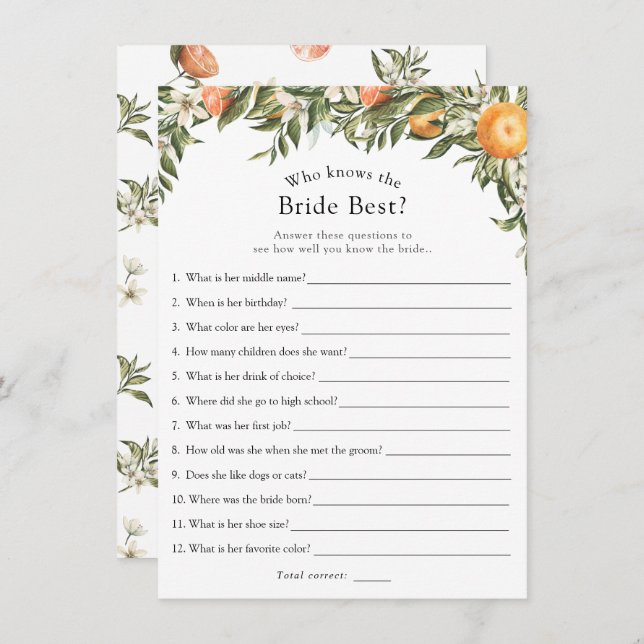 Main Squeeze Citrus Who Knows the Bride Best Game Invitation (Front/Back)
