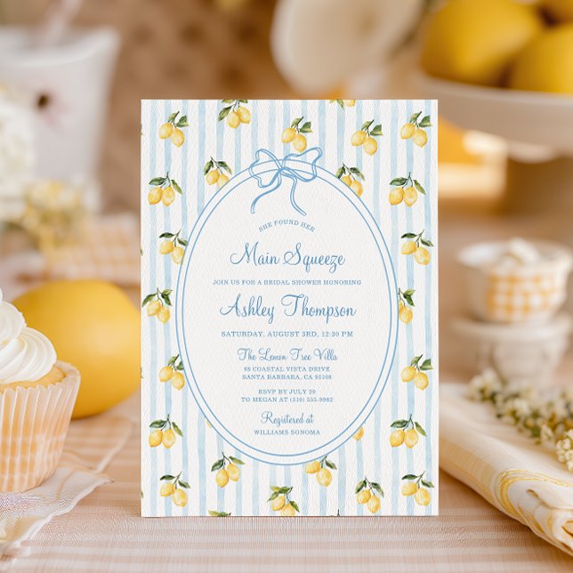 Main Squeeze Lemon Blue Bow Italian Bridal Shower Invitation (Creator Uploaded)
