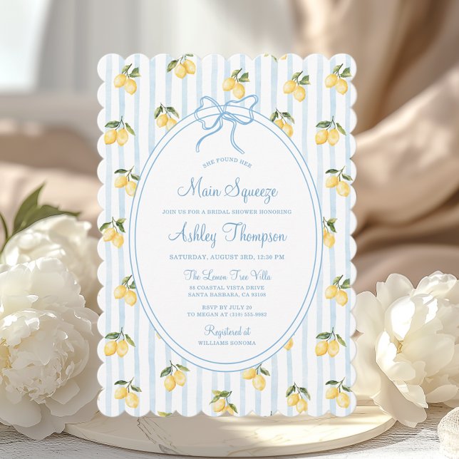 Main Squeeze Lemon Blue Bow Italian Bridal Shower Invitation (Creator Uploaded)