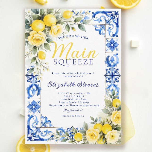 Main Squeeze Lemon Blue Tile Floral Bridal Shower  Invitation (main squeeze bridal shower lemon italian theme mediterranean blue tile invitation summer brunch)