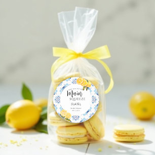 Main Squeeze Lemon Blue Tiles Bright Bridal Shower Classic Round Sticker