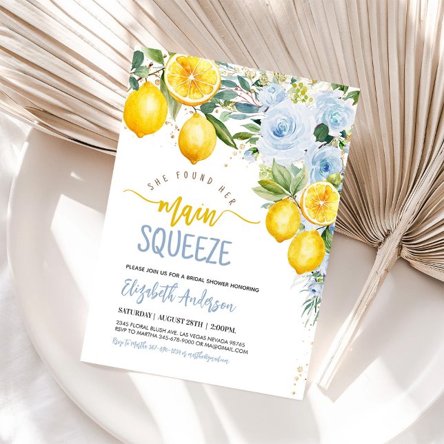 Main Squeeze Lemon Citrus Blue Bridal Shower Invitation (Creator Uploaded)