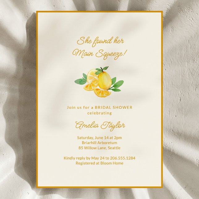 Main Squeeze Lemon Fruit Citrus Bridal Shower Invitation (Creator Uploaded)