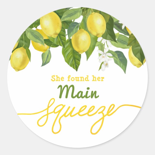 Main Squeeze Lemon Theme Wedding Bridal Shower Classic Round Sticker (Front)