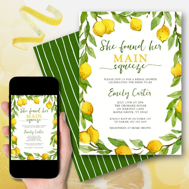 Main Squeeze Lemon Wreath Watercolor Summer Bride Invitation (The “main squeeze” theme adds a playful yet elegant touch to a summer bridal shower.)