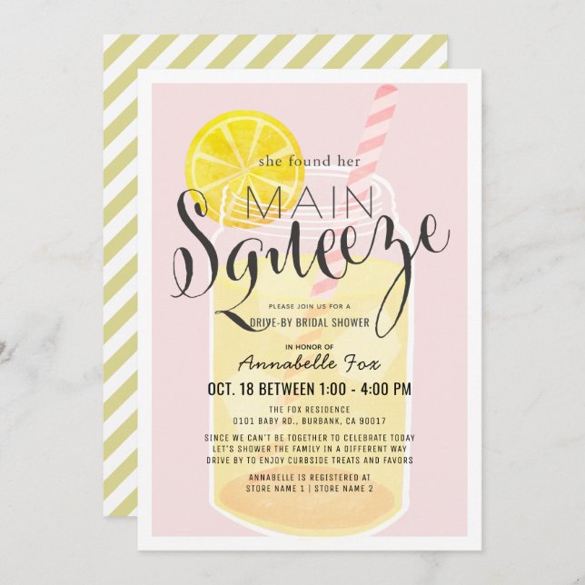Main Squeeze Lemonade Pink Drive-by Bridal Shower Invitation (Front/Back)