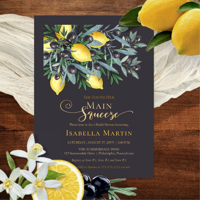 Main Squeeze Lemons | Black Olives Bridal Shower (Main Squeeze Lemons | Black Olives Bridal Shower Dark Blue | Gold Foil Invitation)