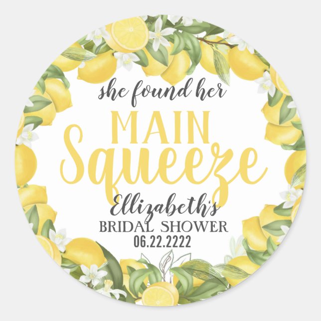 Main Squeeze Lemons Bridal Shower Label Sticker (Front)