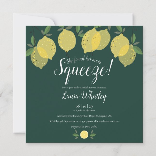 Main Squeeze Lemons Emerald Green Bridal Shower Invitation (Front)
