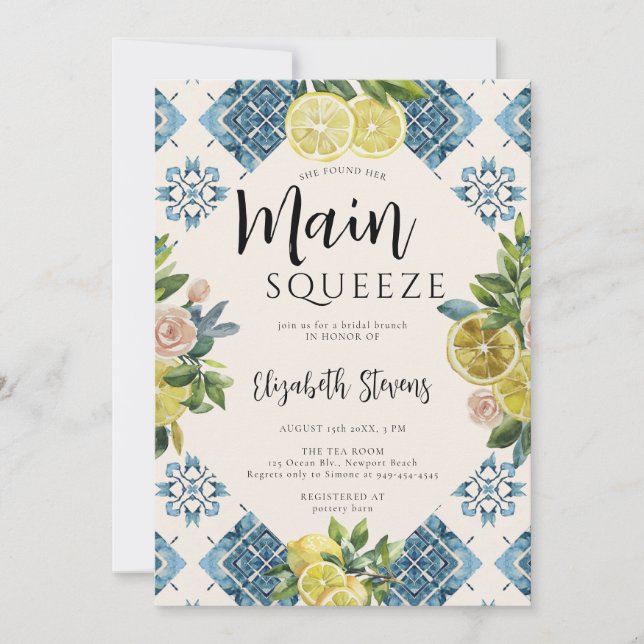 Main Squeeze Lemons Roses Blue Tiles Bridal Shower Invitation (Front)