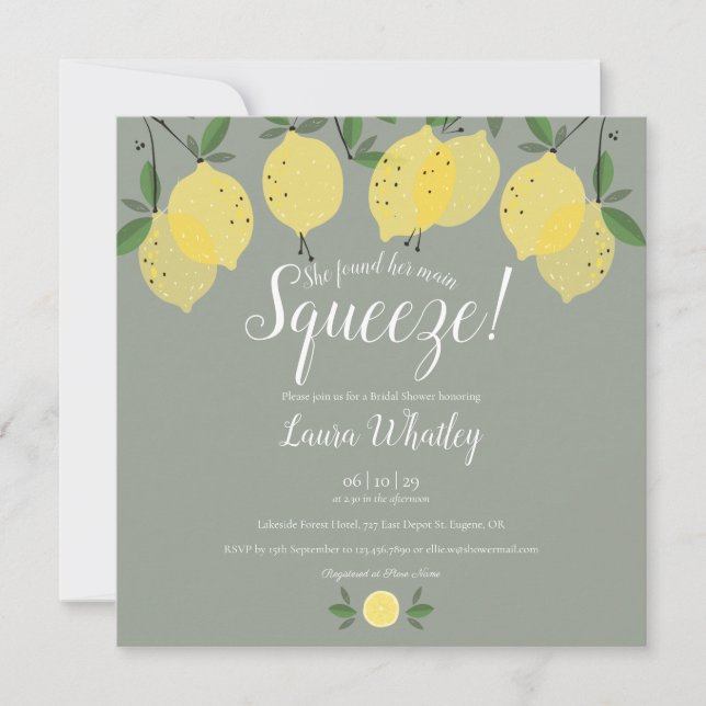 Main Squeeze Lemons Sage Green Bridal Shower Invitation (Front)