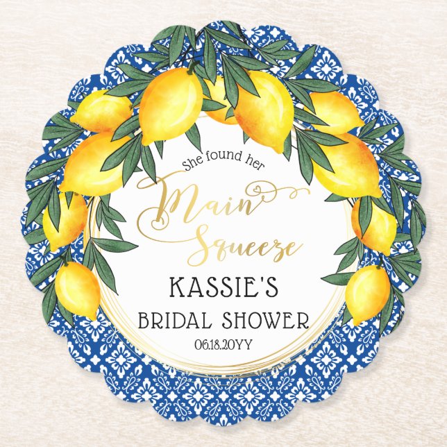 Main Squeeze Lemons Tropical Bridal Shower  Paper Coaster (Front)