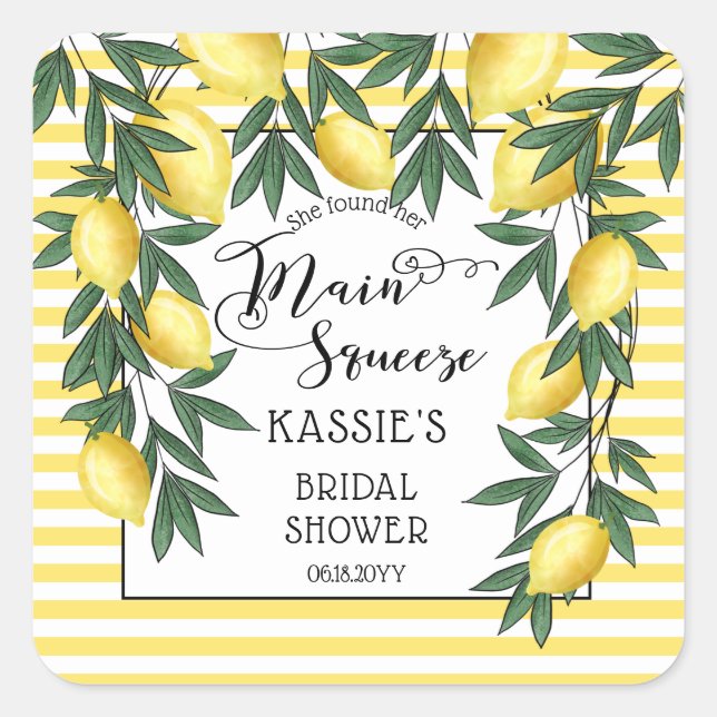 Main Squeeze Lemons Tropical Bridal Shower Square  Sticker (Front)