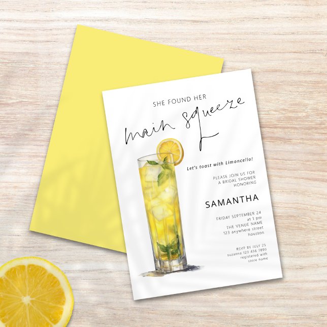 Main Squeeze Limoncello Glass Bridal Shower Invitation (Frotn and back view)