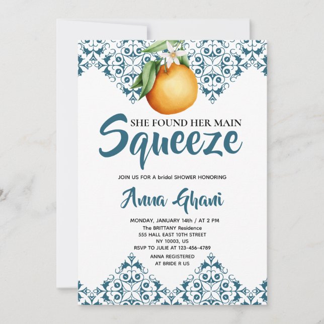 Main Squeeze Mediterranean Bridal Shower Blue Invitation (Front)
