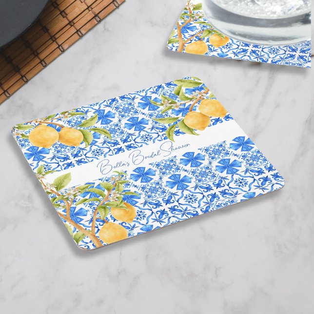 Main Squeeze Mediterranean Tiles Lemons Bridal Square Paper Coaster (Main squeeze personalized coasters bridal shower)