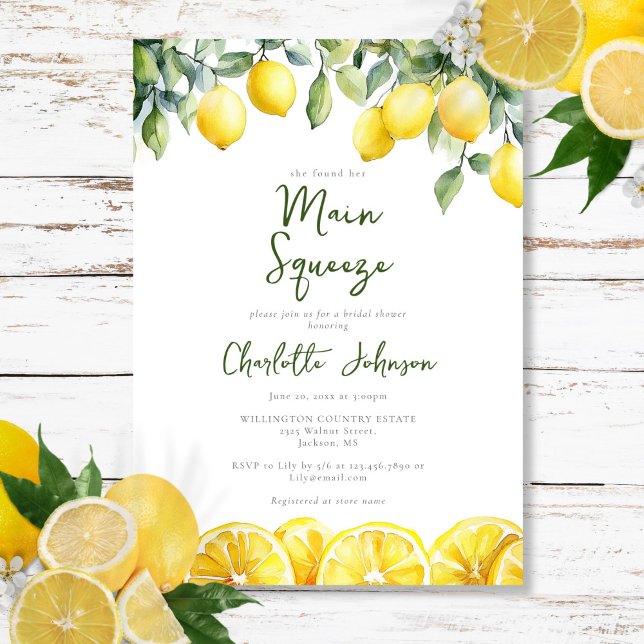 Main Squeeze Modern Watercolor Lemon Bridal Shower Invitation (Main Squeeze Modern Watercolor Lemon Bridal Shower Invitation)