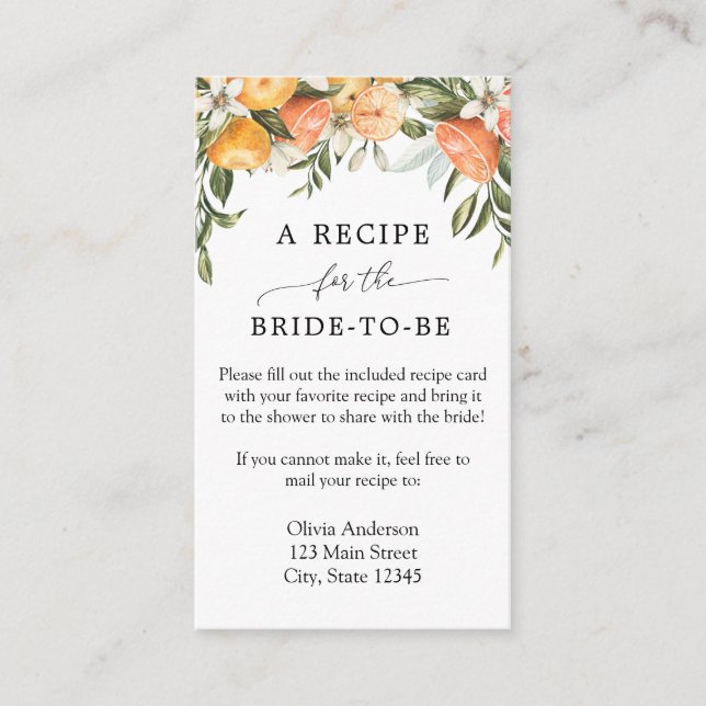 Main Squeeze Orange Bridal Recipe Request Enclosure Card (Front)