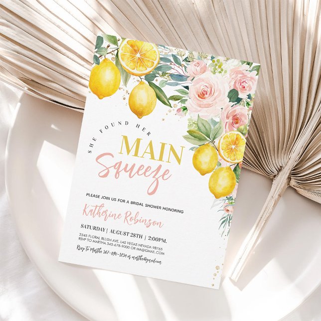 Main Squeeze Pink Floral Lemon Bridal Shower Invitation (Creator Uploaded)