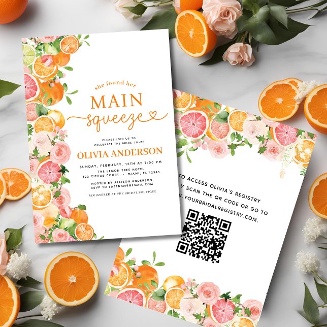 Main Squeeze QR Code Orange Citrus Bridal Shower Invitation (Creator Uploaded)