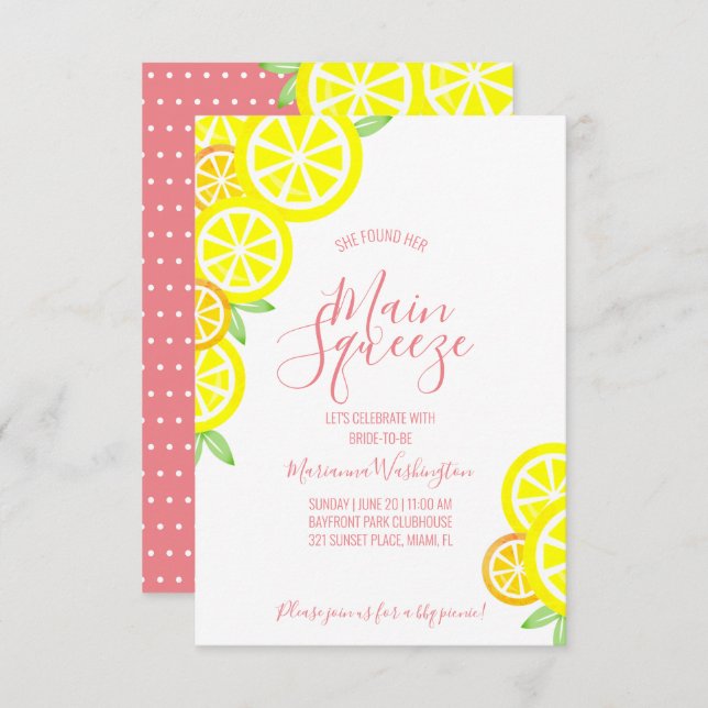MAIN SQUEEZE summer lemon BRIDAL SHOWER coral pink Invitation (Front/Back)