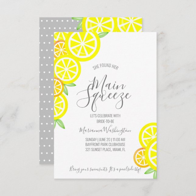 MAIN SQUEEZE summer lemon BRIDAL SHOWER grey Invitation (Front/Back)