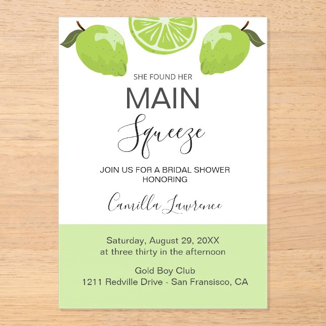 Main Squeeze Tropical Citrus Green Bridal Shower  Acrylic Invitations (Front)