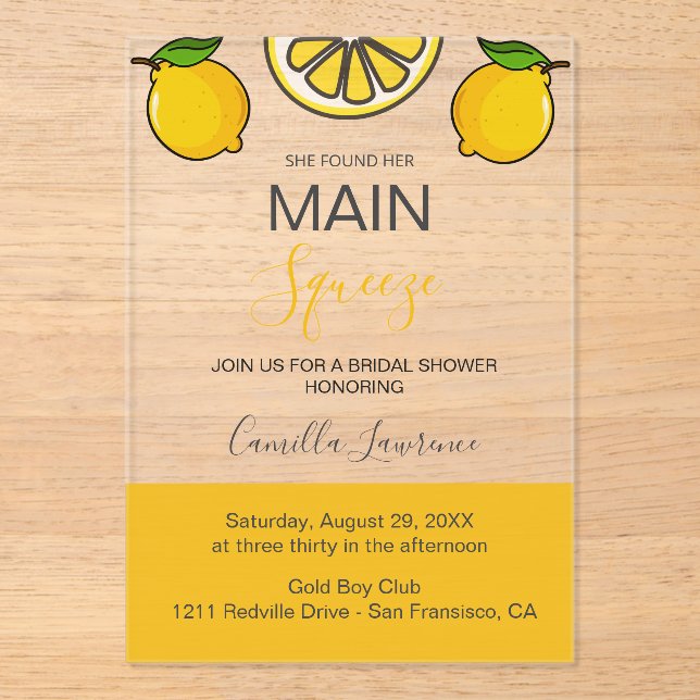 Main Squeeze Tropical Citrus Lemon Bridal Shower  Acrylic Invitations (Front)