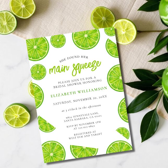  Main Squeeze Watercolor Lime Green Bridal Shower Invitation (Creator Uploaded)